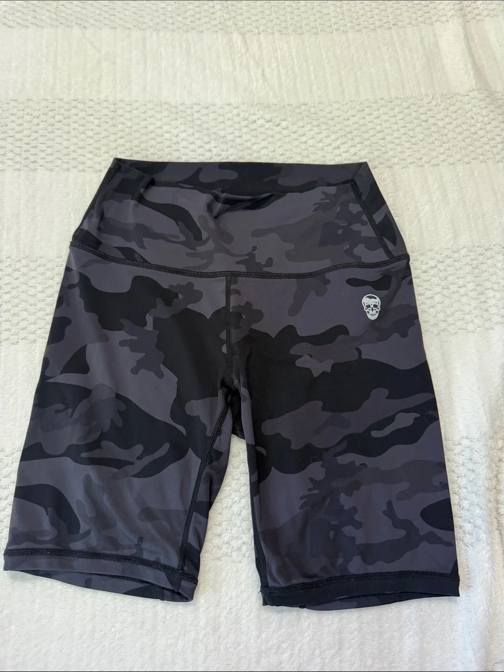 High-Rise Black Camo Bike Shorts with Subtle Skull Accent